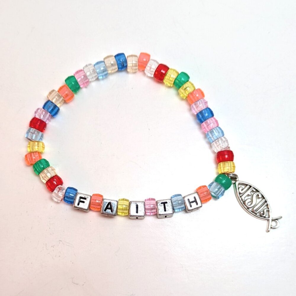 Handmade Faith Jesus Rainbow Beaded Bracelet Christian Preppy Kawaii Vintage 90s